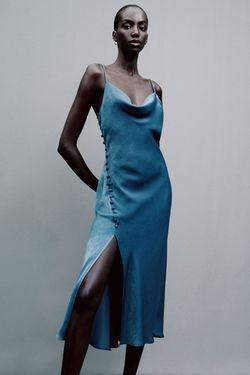 Zara Blue Size 4 Jersey Plunge Side slit Dress on Queenly