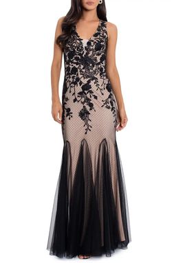 Betsy and Adam Black Size 2 Sheer V Neck Floor Length Embroidery Military A-line Dress on Queenly