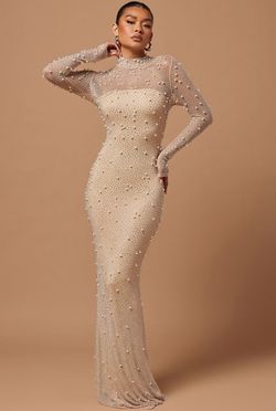 Fashion Nova Nude Size 4 Long Sleeve Floor Length Straight Dress on Queenly