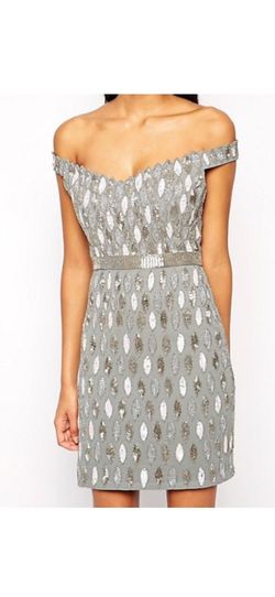 Virgo slounge Silver Size 12 Midi Plunge Cocktail Dress on Queenly