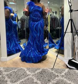 Jovani Blue Size 16 Plus Size One Shoulder Mermaid Dress on Queenly