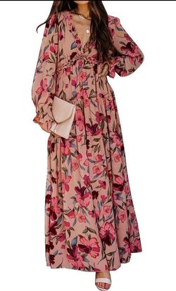 Blencot Pink Size 8 V Neck Floral Long Sleeve A-line Dress on Queenly