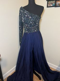 Sherri Hill Blue Size 0 Floor Length Jersey One Shoulder Train Dress on Queenly