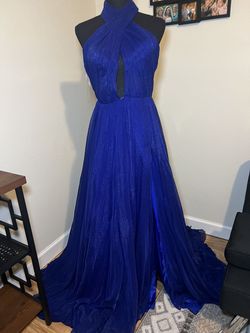 Tarik Ediz Blue Size 0 Pageant Prom High Neck Floor Length Train Dress on Queenly