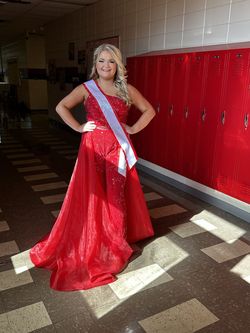 Rachel Allan Red Size 12 Pageant Floor Length Jersey One Shoulder Jumpsuit Dress on Queenly