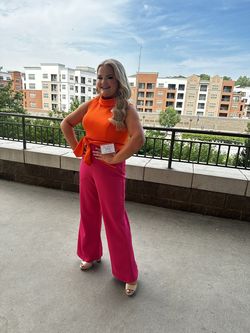 Rachel Allan Pink Size 10 Medium Height Interview Jersey Floor Length Jumpsuit Dress on Queenly