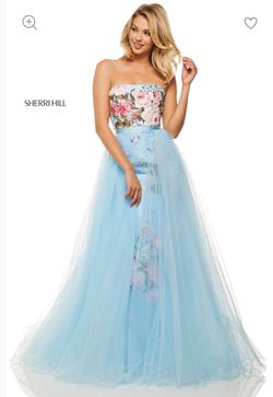 Style 528695828 Sherri Hill Blue Size 8 Print Tulle Military Mermaid Dress on Queenly