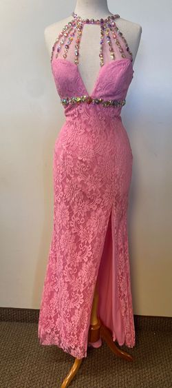 Style 2728 Rachel Allan Pink Size 8 Jewelled Sheer Backless Side slit Dress on Queenly