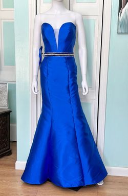 Style 17-225 Madison James Blue Size 8 Silk Prom Floor Length Mermaid Dress on Queenly