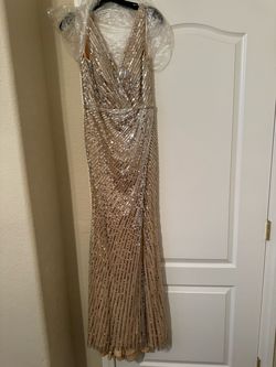 Mac Duggal Gold Size 0 Floor Length Jersey Side slit Dress on Queenly