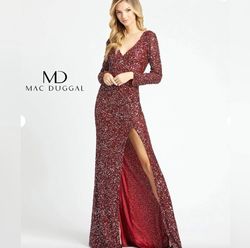 Style 4820A Mac Duggal Red Size 12 Sleeves Prom Short Height Side slit Dress on Queenly