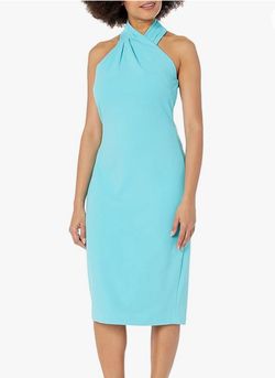 London Times Blue Size 12 High Neck Interview Free Shipping Cocktail Dress on Queenly