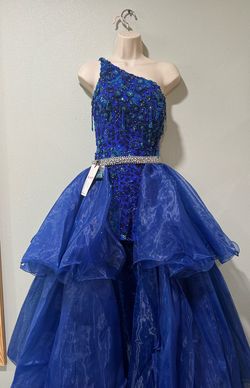 Style 4573 Ashley Lauren Blue Size 0 One Shoulder Pageant Jersey Jumpsuit Dress on Queenly