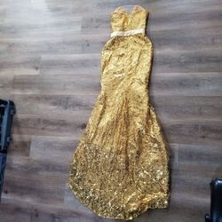 Unbranded/Custom Gold Size 0 Plunge Belt Floor Length Mermaid Dress on Queenly
