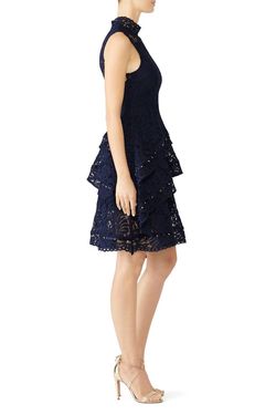 Style 1-1045911869-2901-1 KEEPSAKE Blue Size 8 Lace Navy High Neck Cocktail Dress on Queenly