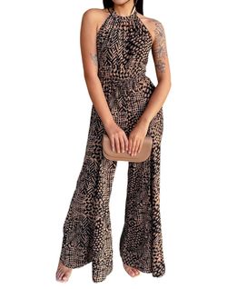 Style 1-1690632234-2791 Aakaa Brown Size 12 Floor Length Halter Jumpsuit Dress on Queenly