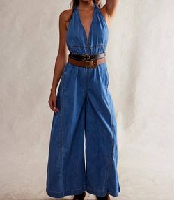 Style 1-2913420186-2901 Free People Blue Size 8 Halter Tall Height Pockets Jumpsuit Dress on Queenly