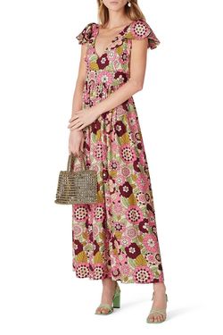 Style 1-484312483-5655-1 DODO BAR OR Pink Size 4 Floor Length Print V Neck Tall Height Straight Dress on Queenly
