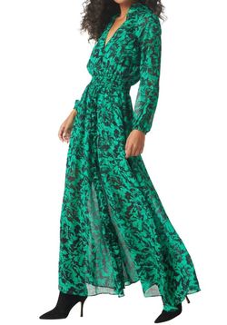 Style 1-517271924-2696 Misa Los Angeles Green Size 12 Sheer Sleeves Black Tie Side slit Dress on Queenly