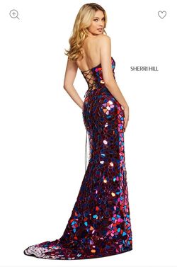 Style 53474 Sherri Hill Multicolor Size 2 Strapless Pageant Floor Length Side slit Dress on Queenly