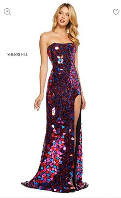 Style 53474 Sherri Hill Multicolor Size 2 Jersey Medium Height Short Height Side slit Dress on Queenly