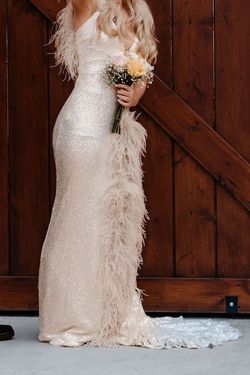 Style 06164 Jovani Nude Size 2 Ivory Jersey Floor Length Feather Mermaid Dress on Queenly