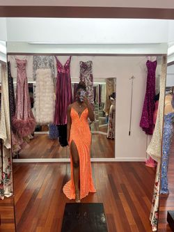 Ashley Lauren Orange Size 8 Plunge Black Tie Sequined Floor Length Straight Dress on Queenly