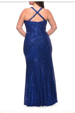 Style 29579 La Femme Blue Size 12 Jersey Floor Length Plunge A-line Dress on Queenly