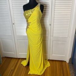 Style P3281 Kiss Kiss Formal Yellow Size 8 One Shoulder Jersey Side slit Dress on Queenly
