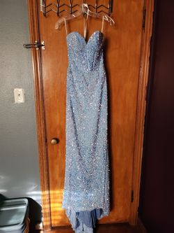 Sherri Hill Blue Size 00 Pageant Strapless Jersey Floor Length Side slit Dress on Queenly