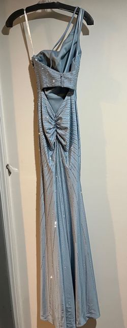 Style 55504 Sherri Hill Blue Size 0 55504 Jersey Side slit Dress on Queenly
