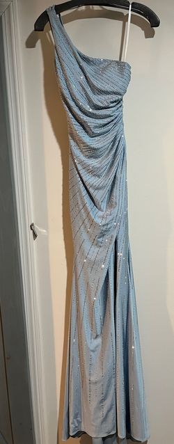Style 55504 Sherri Hill Blue Size 0 Jersey Side slit Dress on Queenly
