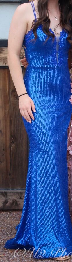 Elizabeth K by gls Blue Size 0 Floor Length Jersey Tall Height Side slit Dress on Queenly