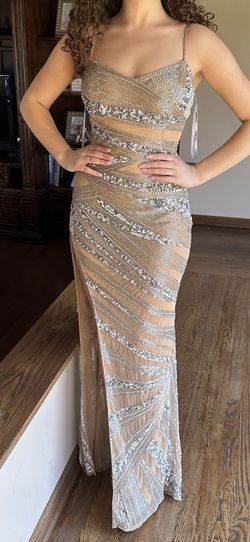 Sherri Hill crossover couture collection size 4 champaign color Gold Size 4 Jersey Floor Length Side slit Dress on Queenly