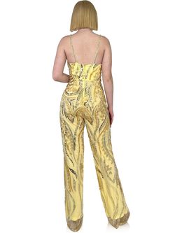 Style 8261 Marc Defang Yellow Size 4 Sheer Interview Pageant Floor Length 8261 Jumpsuit Dress on Queenly