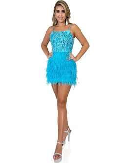 Style 8255 Marc Defang Blue Size 4 Feather Pageant Turquoise Cocktail Dress on Queenly