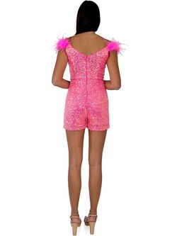 Style 8252 Marc Defang Hot Pink Size 4 Feather Interview Fun Fashion Jumpsuit Dress on Queenly