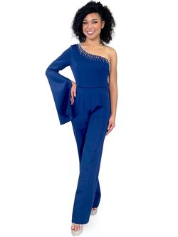 Style 8267 Marc Defang Blue Size 4 Floor Length Jumpsuit Dress on Queenly