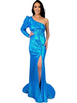 Style 8247 Marc Defang Blue Size 14 Floor Length Side slit Dress on Queenly