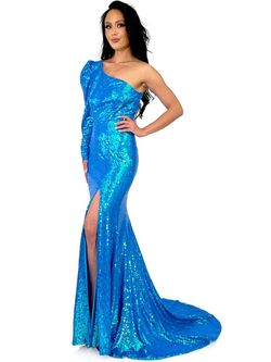 Style 8247 Marc Defang Blue Size 14 Floor Length Side slit Dress on Queenly