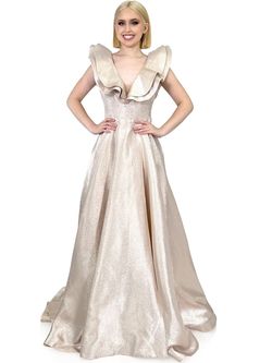 Style 8105 Marc Defang Gold Size 7 Floor Length V Neck Train Ball gown on Queenly
