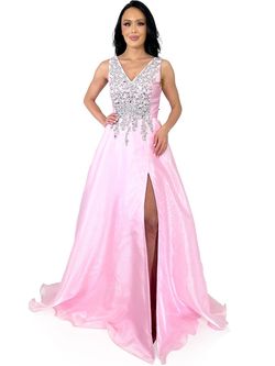 Style 8262 Marc Defang Pink Size 8 Black Tie V Neck Jewelled Pageant Floor Length Side slit Dress on Queenly