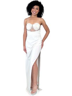 Style 8292 Marc Defang White Size 4 Floor Length Prom Side slit Dress on Queenly