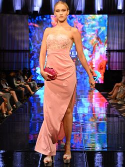 Style 8292 Marc Defang Pink Size 4 Floral Black Tie Side slit Dress on Queenly