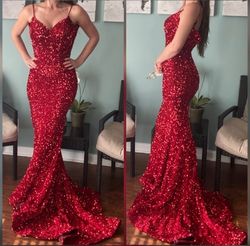 Portia and Scarlett Red Size 10 Train Sequined Floor Length Mermaid Dress on Queenly