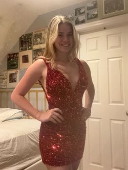 Style 55120 Sherri Hill Red Size 6 Jersey Plunge Cocktail Dress on Queenly