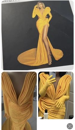 Albina Dyla Yellow Size 10 Satin Pageant Gloves Jersey Mermaid Dress on Queenly