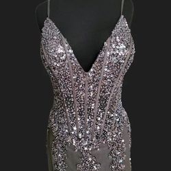 Style 56031 Jovani Silver Size 6 Corset Plunge Cocktail Dress on Queenly