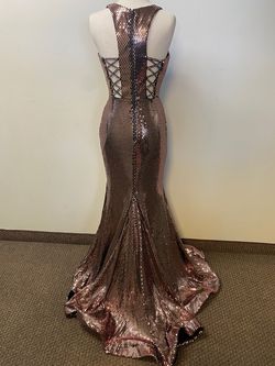 Style 7030 Rachel Allan Gold Size 8 Floor Length 7030 Halter Mermaid Dress on Queenly