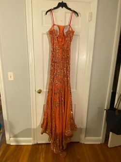 Style 53452 Sherri Hill Orange Size 2 Prom Sequined Train Dress on Queenly